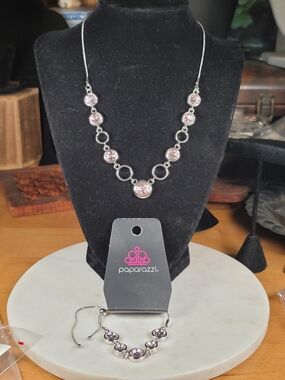 paparazzi Silver Necklace, Earrings, and Bracelet Set - Light Pink Stones